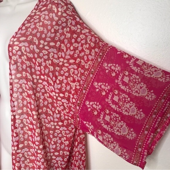 Kimono Duster Red Pink Floral Semi Sheer Open Front Flowy Chiffon Women One Size - Picture 4 of 13